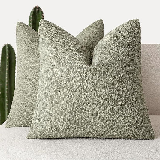 Foindtower Set of 2, Decorative Textured Boucle Throw Pillow Covers Accent Solid Pillow Cases Neutral Soft Couch Cushion Case for Chair Sofa Bedroom Living Room Home Decor 16x16 Inch Dirty Sage Green