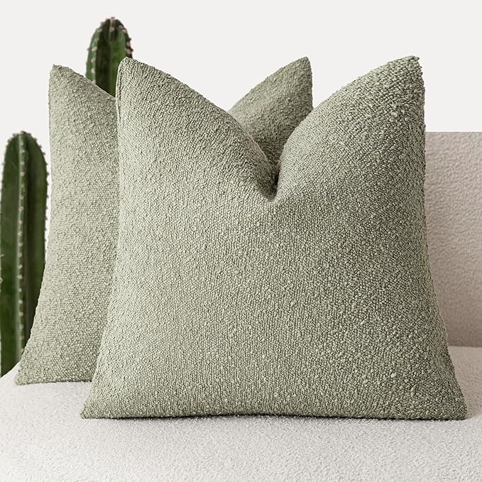 Foindtower Pack of 2 Textured Boucle Throw Pillow Covers Accent Solid Decorative Pillow Cases Cozy Woven Couch Cushion Case for Sofa Bedroom Living Room Home Decor 20x20 Inch Dirty Sage Green