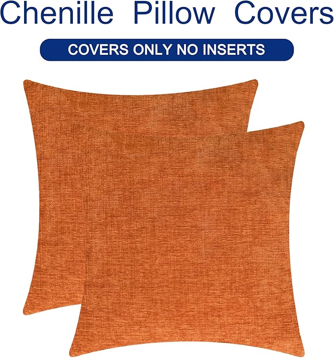 CaliTime Fall Throw Pillow Covers Decorative 20 X 20 Inches Pack of 2 Cozy Chenille Cushion Cases for Couch Sofa Bed Living Room Home Burnt Orange