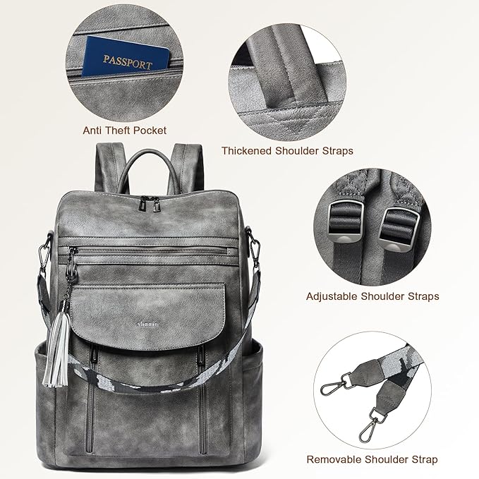 Shrrie Laptop Backpack for Women 15.6 inch,Travel Leather Backpack Purse Nurse Teacher Carry on Backpack Computer Bag,Professional Water-Resistant College Business Work Casual Daypack,Deep Gray