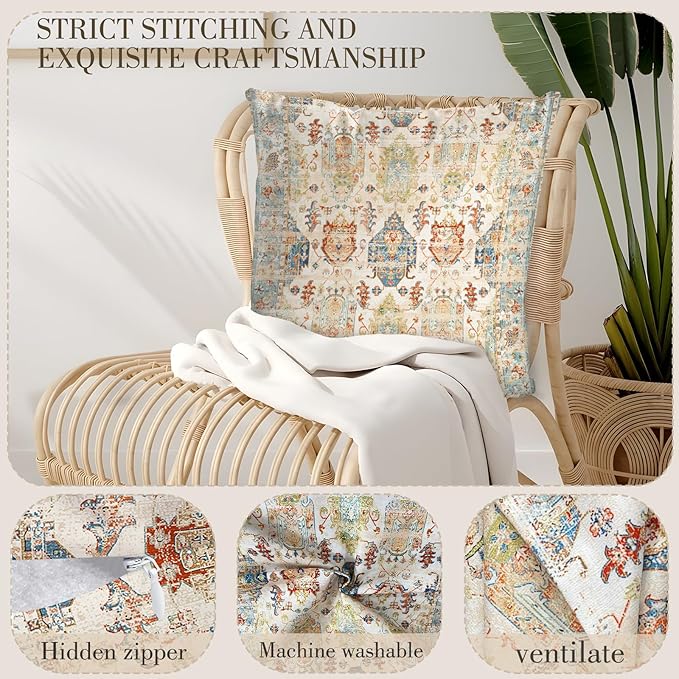 Boho Floral Throw Pillow Covers 16x16 inch Set of 2,Beige Boho Rug Geometric Floral Pattern Decor Double Sided Pattern Cushion Cover Soft Pillow Case Living Sofa Room Bed Square Pillow Cover