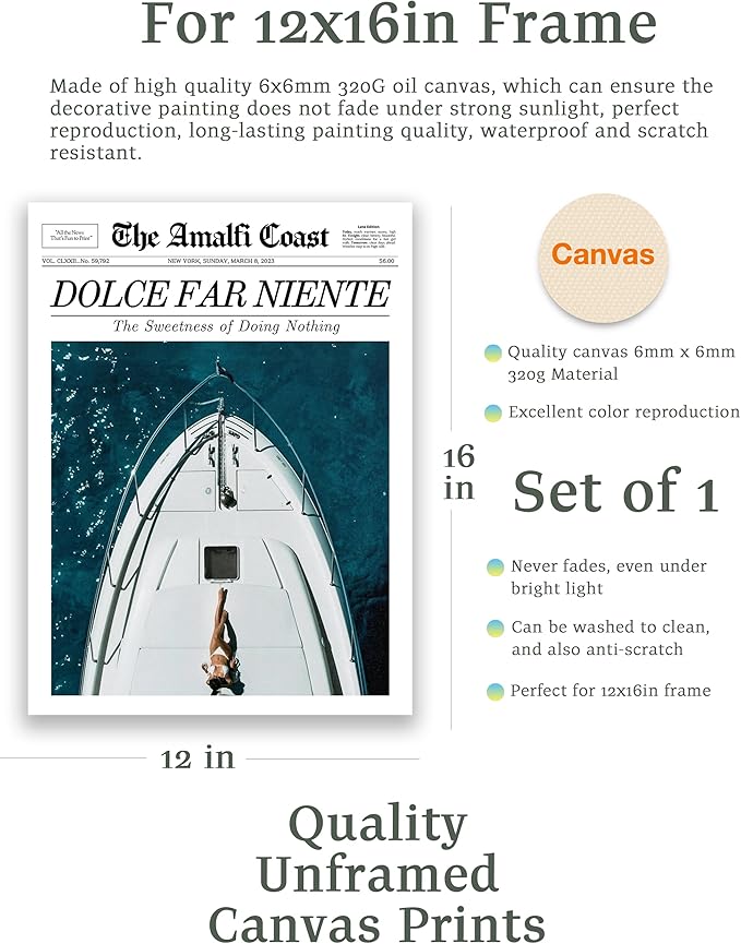 EcoHest UnframedTrendy Newspaper Dolce Far Niente Wall Art, 12x16 in OAK Wood La Dolce Vita Canvas Art, Magazine Italian Summer Headline Print Decor, Beige Logs Set of 1 for Bedroom Living Room