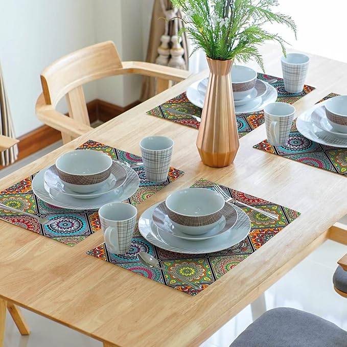 Giwawa Boho Mandala Placemats, Mexican Ethnic Traditional Pattern with Geometric Plaids, Abstract Flower Washable Linen Table Place Mats Set of 4 for Dining Kitchen Party, 12"x18"