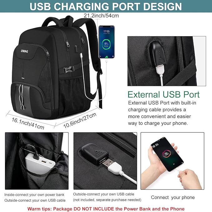 LIWAG Laptop Backpack, Black, 55L Capacity, TSA Friendly, USB Charging Port, Anti-Theft, Night Light Reflective, Comfy & Durable, Suitable for Travel