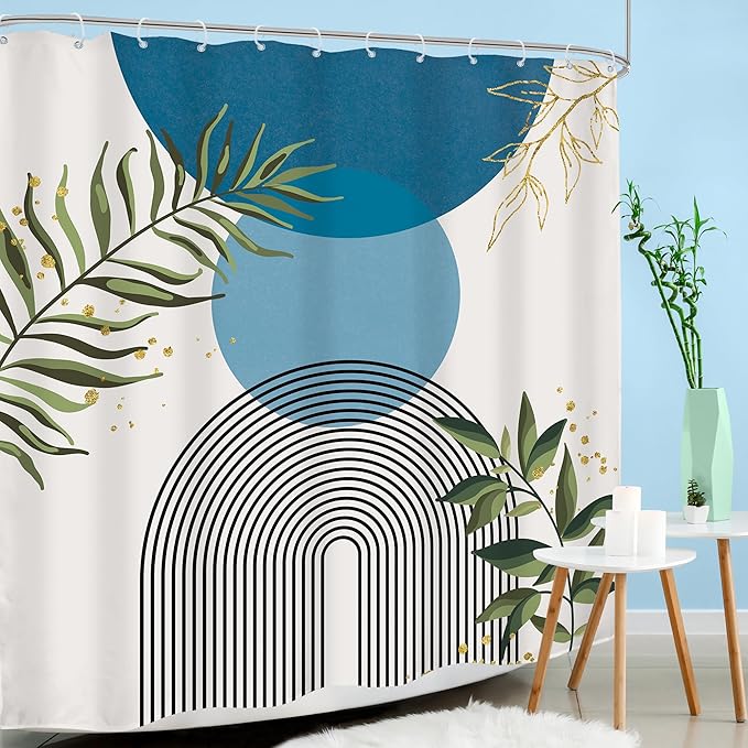 Blue Boho Modern Shower Curtain 72Wx72H Mid Century Abstract Gold Green Leaves Sun Arch Minimalist Geometric Aesthetic Plant Bathroom Decor Neutral Bath Curtain Fabric Polyester 12 Pack Hooks