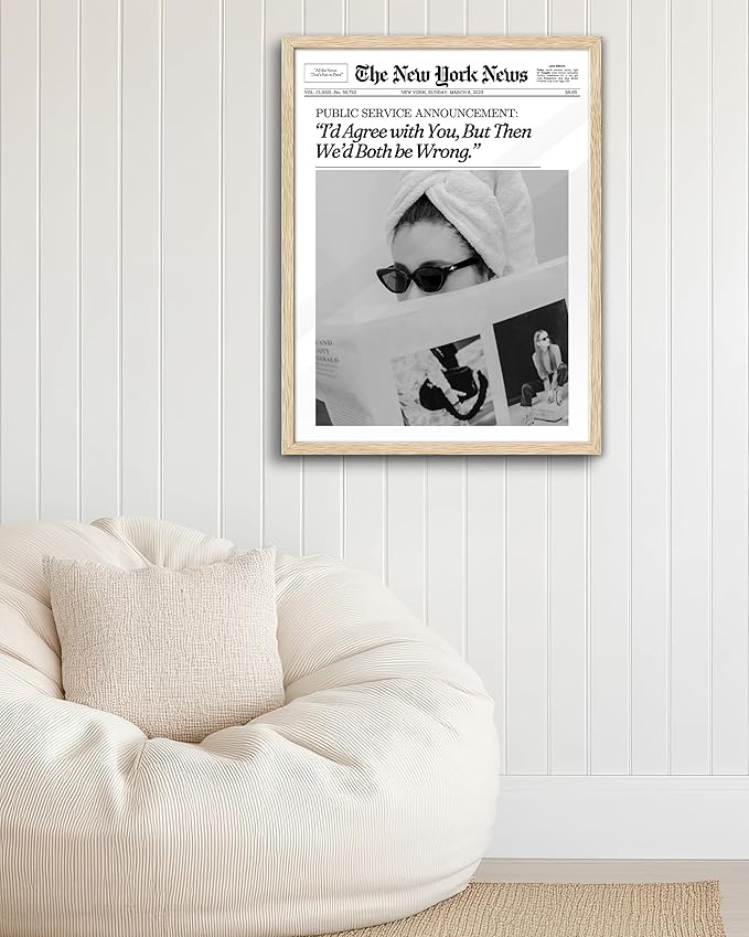 EcoHest Trendy Newspaper Framed Wall Art, 16x20 in Large OAK Wood Cool Girl Canvas Art, Magazine Bar Cart Print College Dorm Decor, Beige Logs Set of 1 for Bedroom Living Room