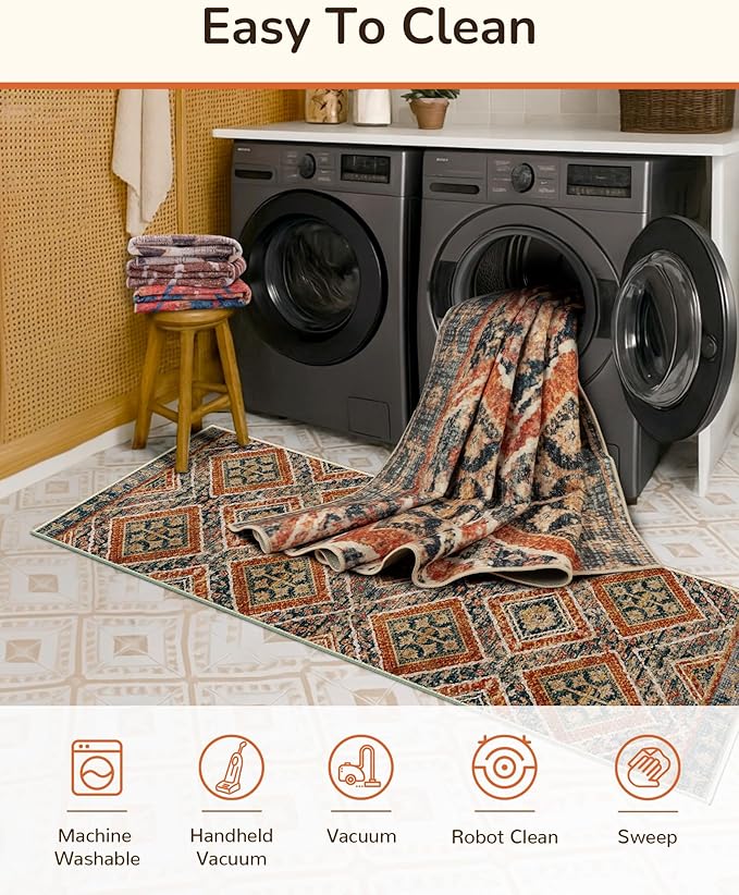 Area Rug 9x12 Rug Machine Washable Non-Slip Low Pile Print Pattern Western Rug for Living Room Bedroom Entryway Tribal Series -Orange/Brown