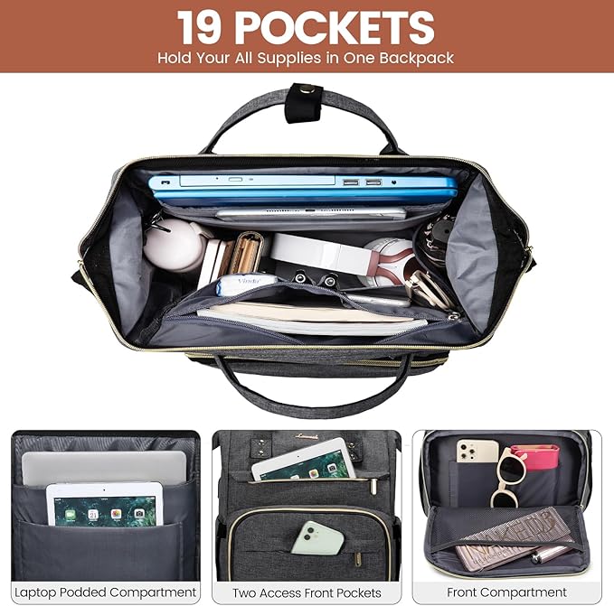 LOVEVOOK Laptop Backpack for Women,17 Inch Professional Womens Travel Backpack Purse Computer Laptop Bag Nurse Teacher Backpack,Waterproof College Work Bags Carry on Back Pack with USB Port,Dark Grey