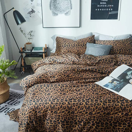 mixinni Wild Animal Print Duvet Cover Twin XL Size 100% Long Staple Cotton Sexy Leopard Print Bedding Set with Zipper Closure Ties, Perfect for Man and Woman, Ultra Soft and Easy Care, 3pcs