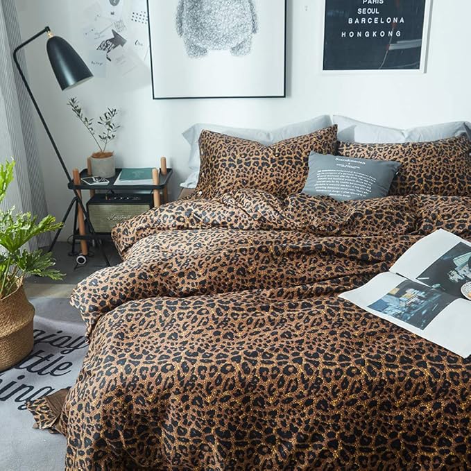mixinni Leopard Print Duvet Cover King Size Long Staple Cotton Bedding Set with Zipper Closure Ties, Perfect for Man and Woman, Ultra Soft and Easy Care (3pcs, King Size)