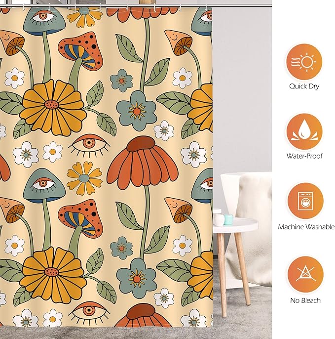 Aimego Extra Long Shower Curtain - Boho Mushroom 70s Retro Bohemian Floral Yellow Orange Flowers Eyes Bath Fabric Cloth Shower Curtain Set with 12 Hooks Bathroom Decor Bathtub Curtain, 72"x84"