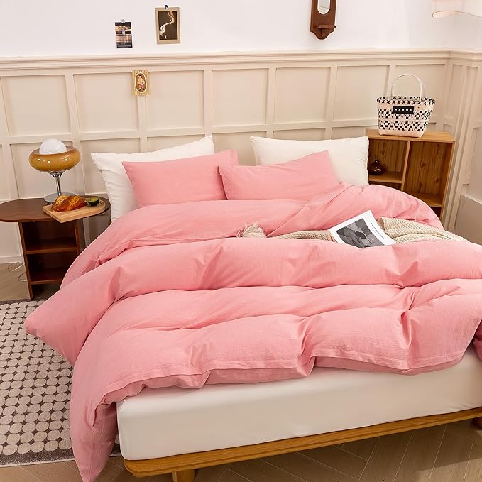 ECOCOTT Pink Duvet Cover Queen Size - Linen Feel Textured Organic Natural 100% Washed Cotton, Soft Breathable 3 Pieces Bedding Set with Zipper Closure