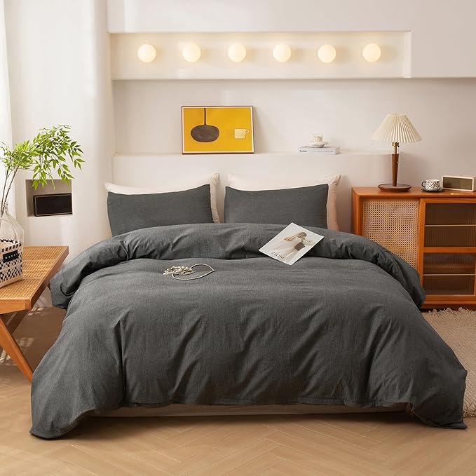 ECOCOTT Grey Duvet Cover Oversized Queen Size, 100% Washed Cotton 3-Piece Bedding Set - Ultra Soft, Breathable & Easy Care with Zipper Closure and 2 Pillowcases, Luxury Hotel Quality