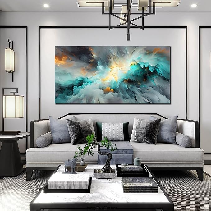 LAOTOART Abstract Art Canvas - Modern Art Wall Decor - Teal Room Decor for Teens Size 24" x 48"