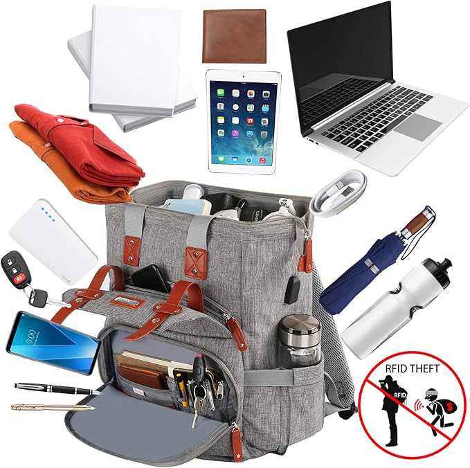 FALANKO Laptop Backpack for Women, Work Doctor Teacher Nurse Wide Open College School Student 17.3 Inch Laptops Bookbag Purse with USB Charging Port, Travel RFID Computer Bag for Men Women Girls Grey