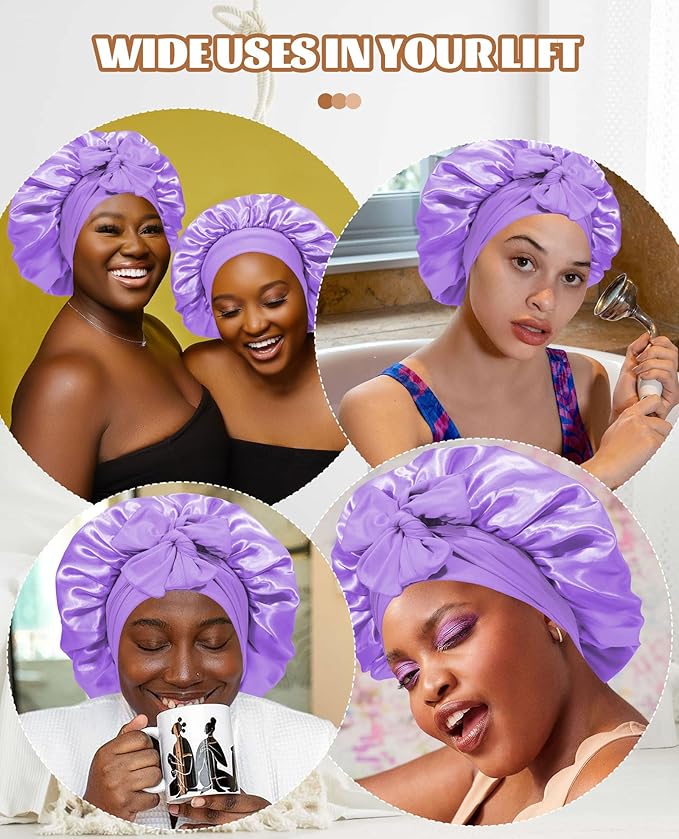 Satin Bonnet Silk Bonnet for Sleeping Silk Sleep Cap Double Layer Hair Bonnet with Elastic Tie Band for Curly Hair Night Cap (Light Purple+Champagne)