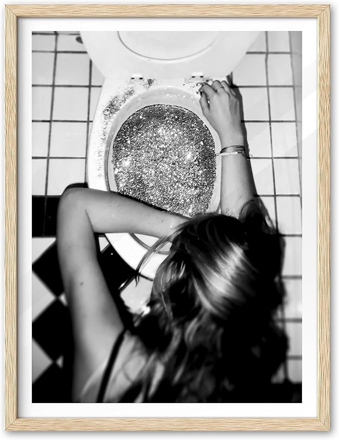 EcoHest Small Trendy After the Disco Party Framed Wall Art, 8x10 in OAK Wood Black and White Funny Bathroom Canvas Art, Teen Girl Poster College Dorm Decor, Set of 1 for Bedroom Living Room