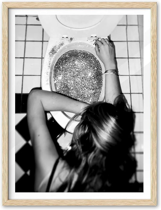 EcoHest Small Trendy After the Disco Party Framed Wall Art, 8x10 in OAK Wood Black and White Funny Bathroom Canvas Art, Teen Girl Poster College Dorm Decor, Set of 1 for Bedroom Living Room