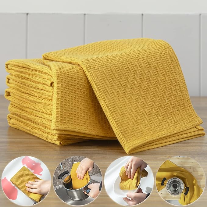 QUILTINA Dish Towels Set,100% Cotton Waffle Weave Kitchen Towels 6 Pack,17 x 25 Inches Dish Towels for Kitchen,Super Absorbent for Drying and Cleaning (Mustard Yellow)
