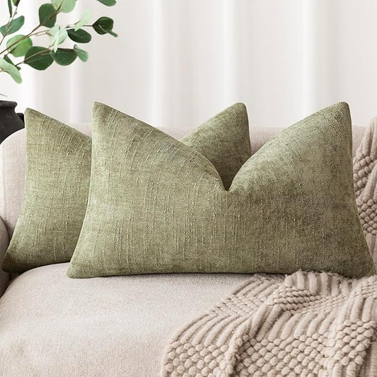 Foindtower Pack of 2 Textured Chenille Throw Decorative Pillow Covers Square Accent Solid Cushion Cover Neutral Farmhouse Lumbar Pillow Case for Couch Sofa Bedroom Living Room 12x20 Inch,Sage Green