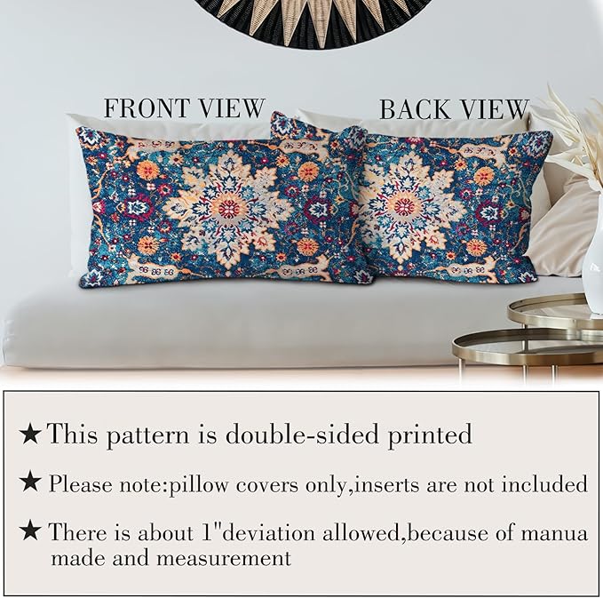 Boho Throw Pillow Covers 12x20 inch Set of 2,Boho Vintage Carpet Pattern Antique Ethnic Decor Double Sided Pattern Cushion Cover Soft Pillow Case Living Sofa Room Bed Square Pillow Cover