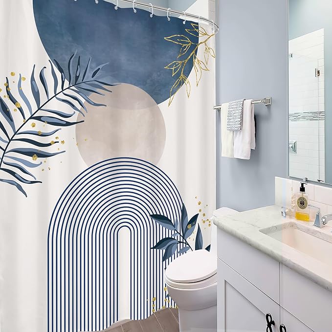 Blue Gray Boho Shower Curtain 72Wx96H Extra Long Modern Bohemian Abstract Dusty Blue Gold Leaves Mid Century Plant Bathroom Decor Minimalist Geometric Bath Curtain Fabric Polyester 12 Pack Hook