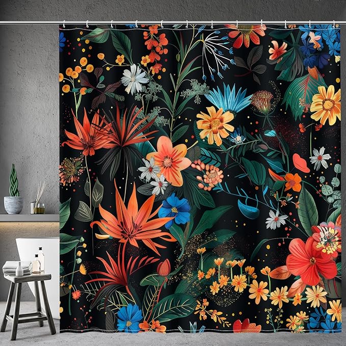 Aimego Black Floral Shower Curtain - Dark Vintage Flower Plants Boho Chic Colorful Botanical Leaves Fabric Cloth Bath Shower Curtain Set with 12 Hooks for Bathroom Decor Accessories, 72"x72"