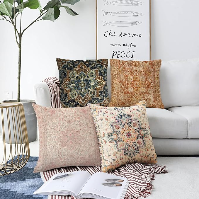 Boho Throw Pillow Covers 16x16 inch Set of 2,Boho Vintage Carpet Pattern Antique Ethnic Decor Double Sided Pattern Cushion Cover Soft Pillow Case Living Sofa Room Bed Square Pillow Cover