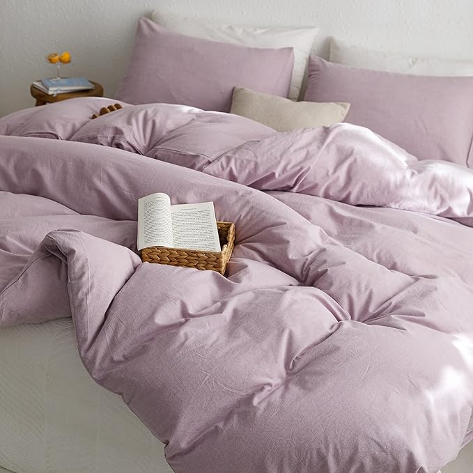 ECOCOTT Light Purple Duvet Cover Queen Size - 100% Washed Cotton Durable Soft Comfy Duvet Cover Set, 3 Pieces Duvet Cover with Zipper Closure (Light Purple, 90''x90'')