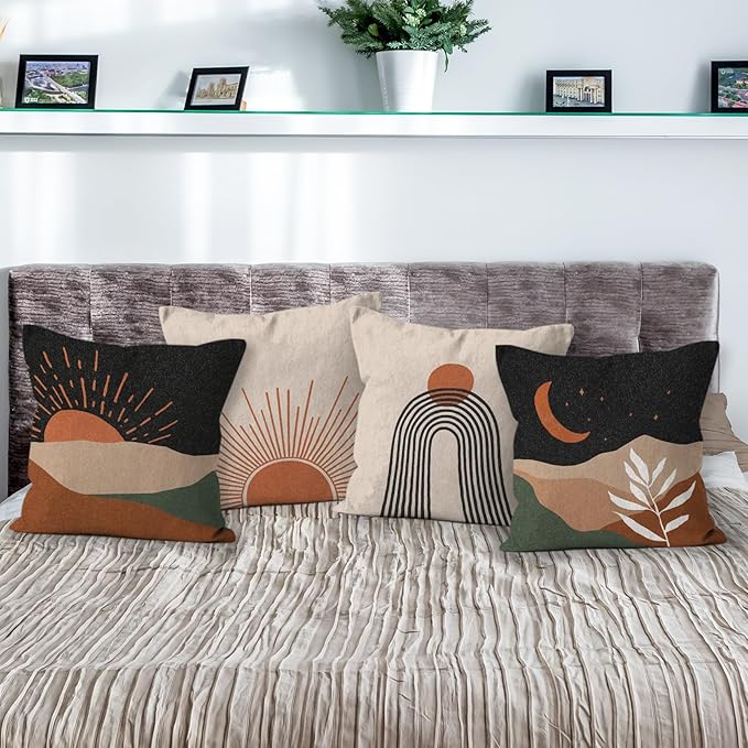 HIWX Boho Pillow Covers, Sun Moon Mountains Decorative Outdoor Throw Pillow Covers, Modern Sunshine Sunrise Landscape for Bedroom Home Decor - Set of 4, 18 x 18
