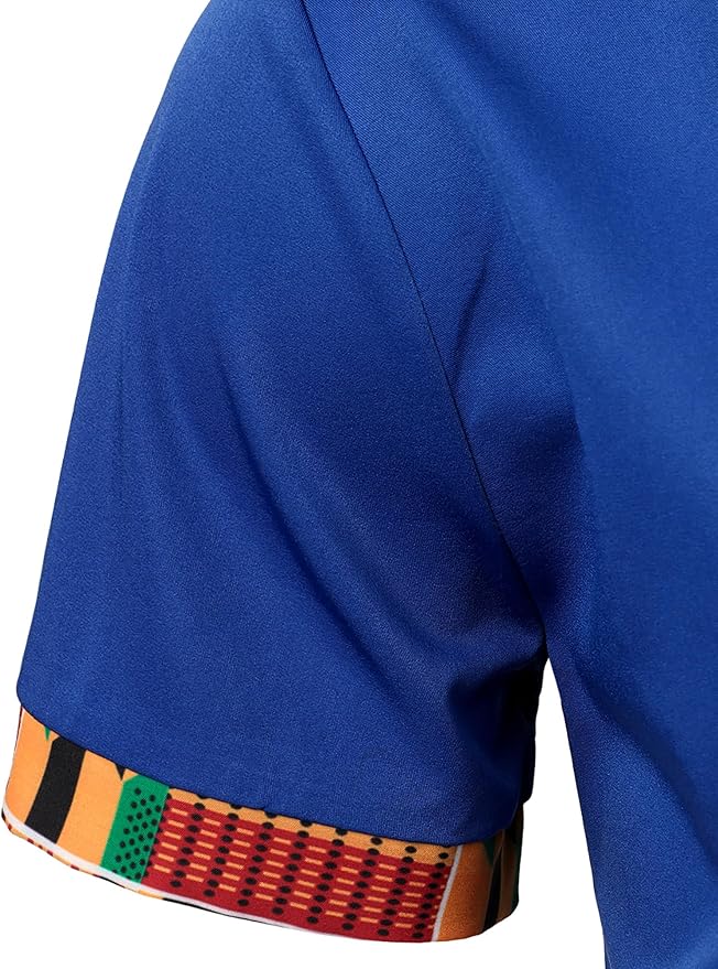 ZEROYAA Men's African Printed Patchwork Design Short Sleeve Button up Shirt