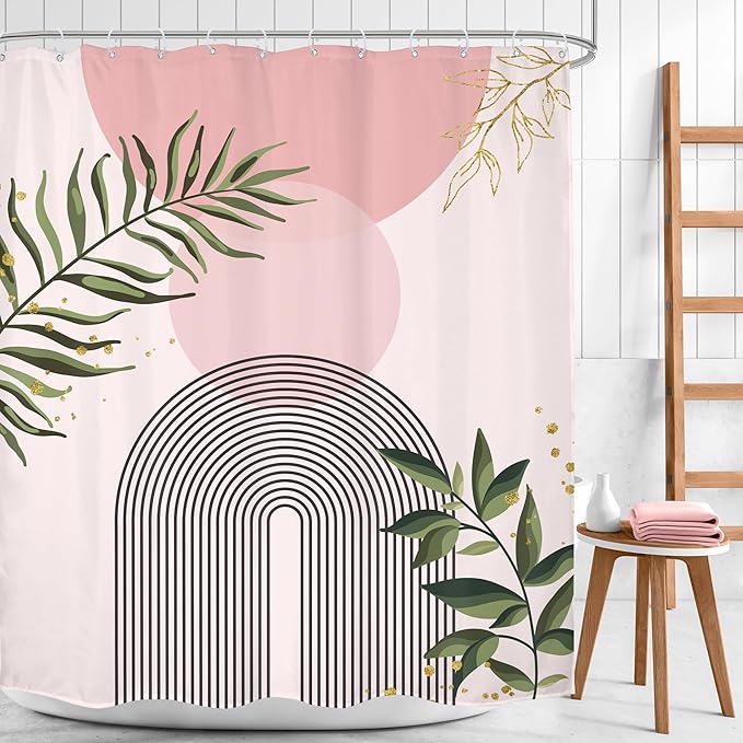 Pink Boho Shower Curtain 60Wx72H Mid Century Modern Abstract Gold Leaves Plant Sun Bathroom Decor Minimalist Geometric Arch Line Aesthetic for Girls Bath Curtain Fabric Polyester 12 Pack Hooks