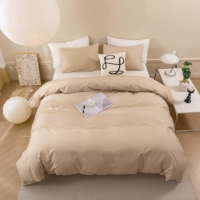 ECOCOTT Khaki Duvet Cover Queen Size - 100% Washed Cotton Durable Soft Comfy Duvet Cover Set, Lightweight and Breathable with Zipper Closure & Corner Ties (Khaki, 90''x90'')