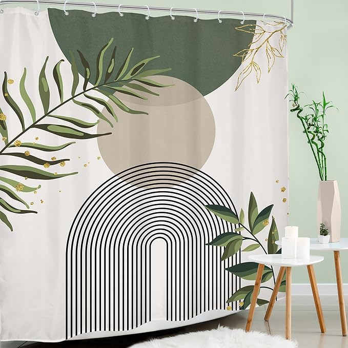 Sage Green Boho Shower Curtain 72Wx78H Modern Abstract Green Gold Leaves Bohemian Plant Botanical Minimalist Arch Bathroom Decor Geometric Neutral Bath Curtain Fabric Polyester 12 Pack Hook