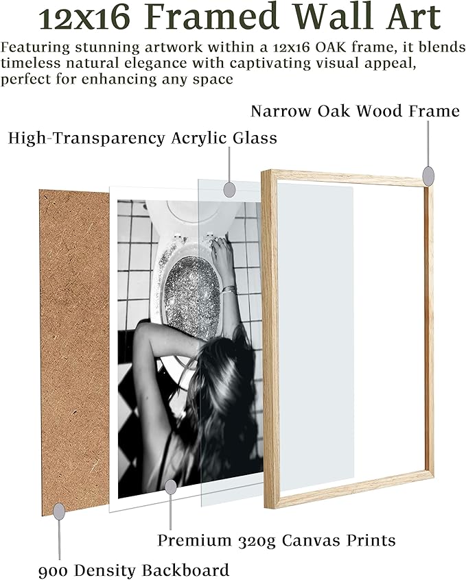 EcoHest Trendy After the Disco Party Framed Wall Art, 12x16 in OAK Wood Black and White Funny Bathroom Canvas Art, Teen Girl Poster College Dorm Decor, Set of 1 for Bedroom Living Room