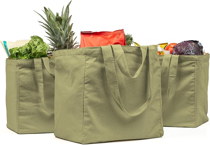 VeraMia Canvas Grocery Bag 3pc XL Set with Real Pockets, Long Shoulder Strap and Short Handle. Heavy Duty, Foldable, Washable