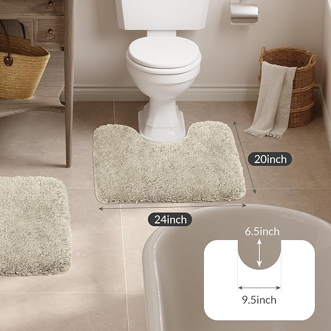 Walensee Bathroom Contour Rug (20x24, Light Tan) Non Slip Bath Mat Water Absorbent Soft Microfiber Shaggy Bathroom Mat Machine Washable Bath Rug U Shape Toilet Rug