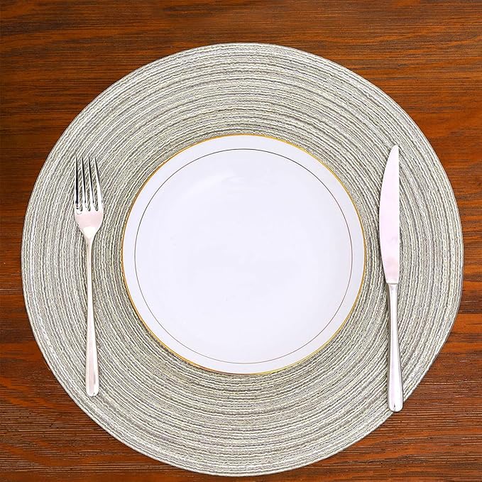 SHACOS Round Braided Placemats Set of 6 Glitter Circle Place Mats Washable 15 inch Table Mats for Dining Table Wedding Party (Light Gray Gold, 6)