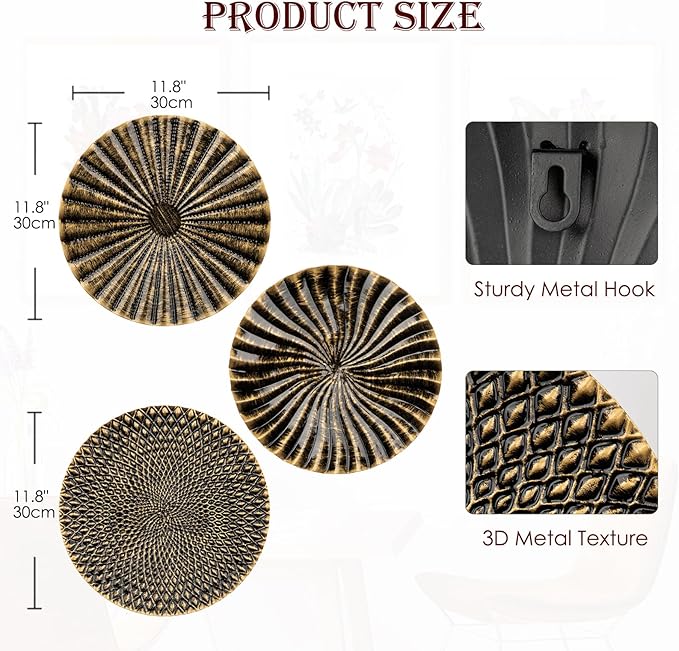 12" Wall Décor Pack of 3 Metal Gold & Black Washed Starbursts Radial Plate Wall Art Modern Accent Hanging Wall Decorations For Home Office Bedroom Or Living Room Wall Sculptures