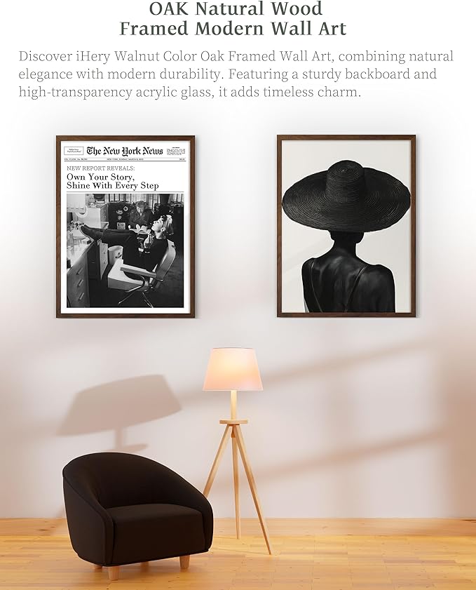 iHery Natural OAK Wood Black Girl Walnut Color Framed Wall Art, 12x16 in Black and White Modern Canvas Wall Art, Trendy African American Black Bedroom Decor, Set of 1 For Bathroom Living Room