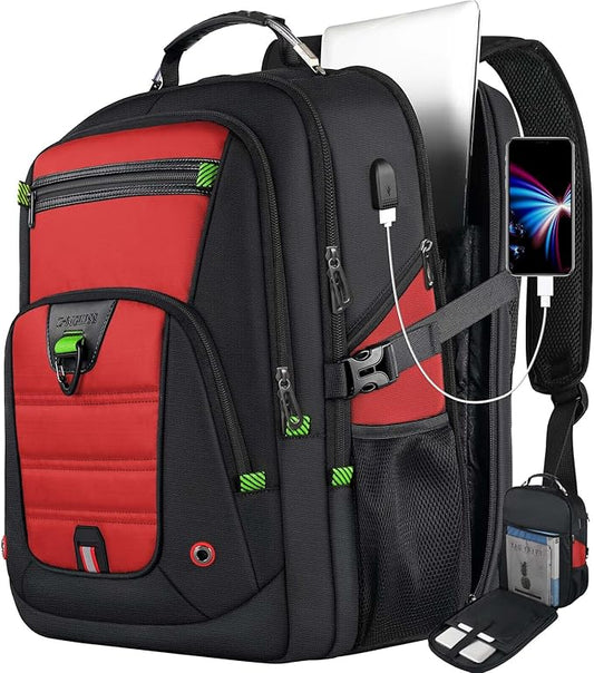 Z-MGKISS 18.4-19 Inch Extra Large Laptop Backpack, Travel Backpack for Men & Women, School Rucksack Bag with USB Charging Port and Multiple Compartments, Business Work College Daypack, Red