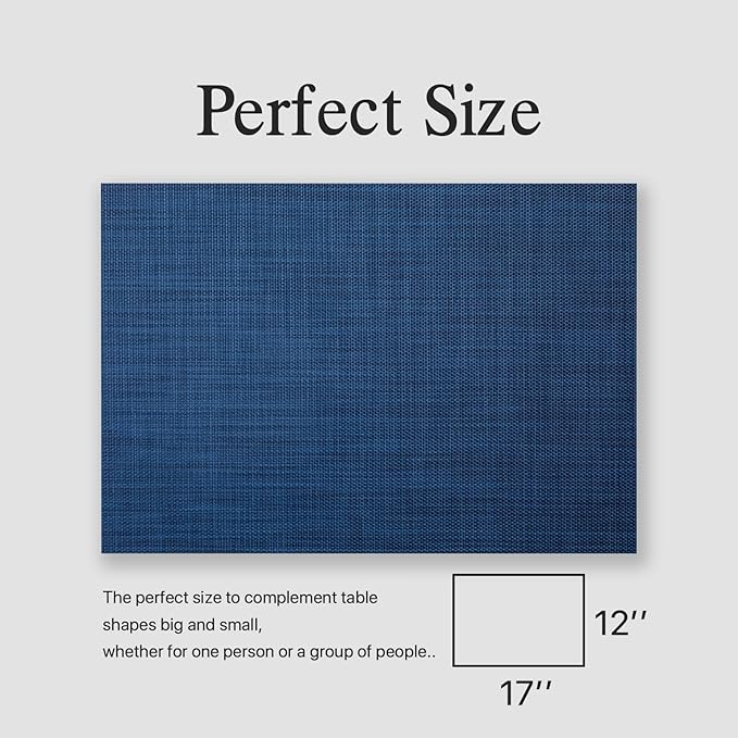 Placemats Set of 12 - Easy Clean Woven Vinyl Placemats for Dining Table, Indoor/Outdoor Place Mats, Washable PVC Table Mats（Navy Blue）
