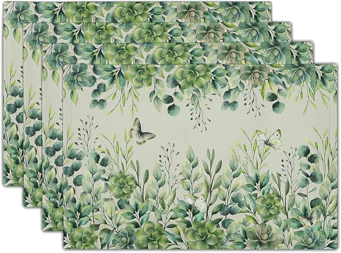Giwawa 4PCs Spring Summer Leaf Placemats 12x18 Inch Sage Green Eucalyptus Leaves Butterflies Linen Washable Place Mat Stain Resistant Table Mats for Kitchen Dining Seasonal Decor