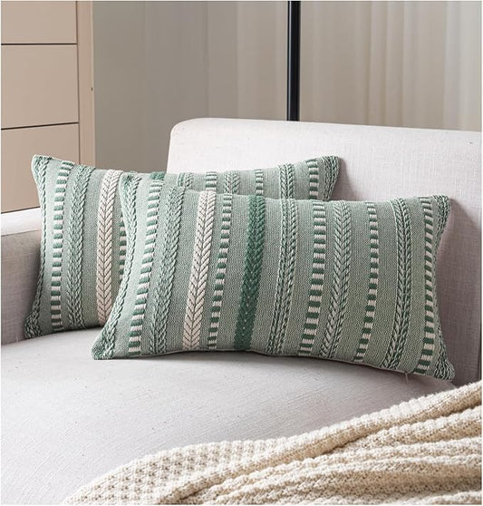 Boho Throw Pillow Covers 12x20 Inch Set of 2, Farmhouse Decorative Couch Pillow Cases, Light Green Accent Pillows of Bed, Sofa Bedroom Living Room Home Decor Cushion Cover
