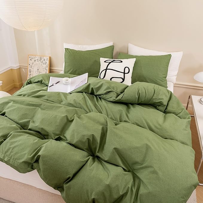 ECOCOTT Olive Green Duvet Cover Queen Size - 100% Washed Cotton Durable Soft Comfy Duvet Cover Set, 3 Pieces Duvet Cover with Zipper Closure (Green, 90''x90'')