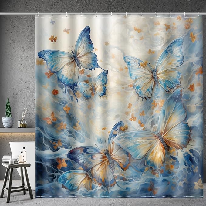 Aimego Long Butterfly Shower Curtain - Blue Burnt Orange Butterflies Watercolor Oil Painting Spring Summer Shower Curtain Set with 12 Hooks for Bathroom Decor Accessories Bathtub Curtain, 72"x78"