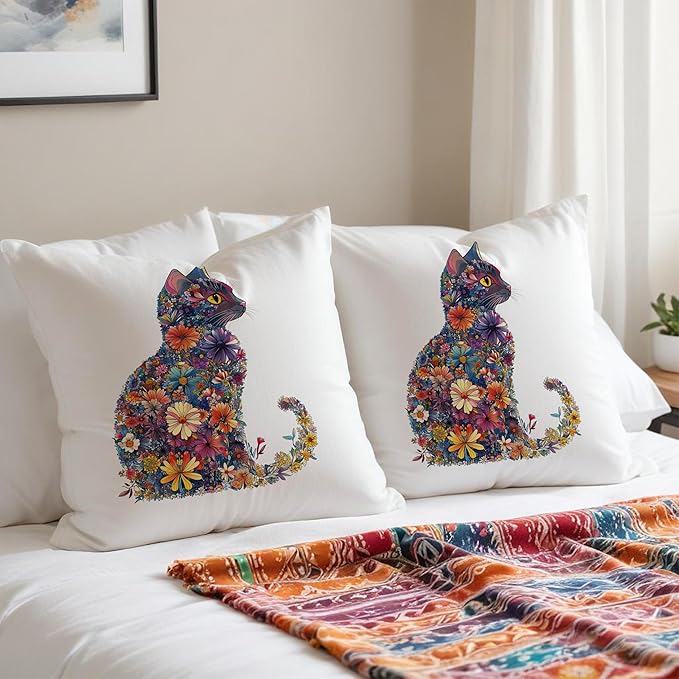 Colorful Floral Cat Pillow Covers 18x18, Gifts for Cat Lovers Mom Lady Owners, Elegant Kitten Kitty Decorative Pillow Covers for Home Bedroom Living Room Decor, Pet Lover Gifts