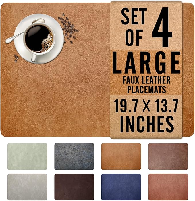 UnivoColors Washed Cowhide Pattern Faux Leather Big Size Placemats Set of 4, Waterproof Easy to Clean Anti-Slip PU Table Mats for Party Decoration19.7″×13.6″,Camel Retro Cowhide Pattern