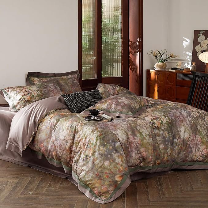 mixinni Vintage Floral Duvet Cover Set - Queen Size, 100% Long Staple Cotton Percale, Reversible Garden Style Bedding Set with Zipper Closure, 3-Piece Luxury Duvet Cover with 2 Pillow Shams (20"x26")