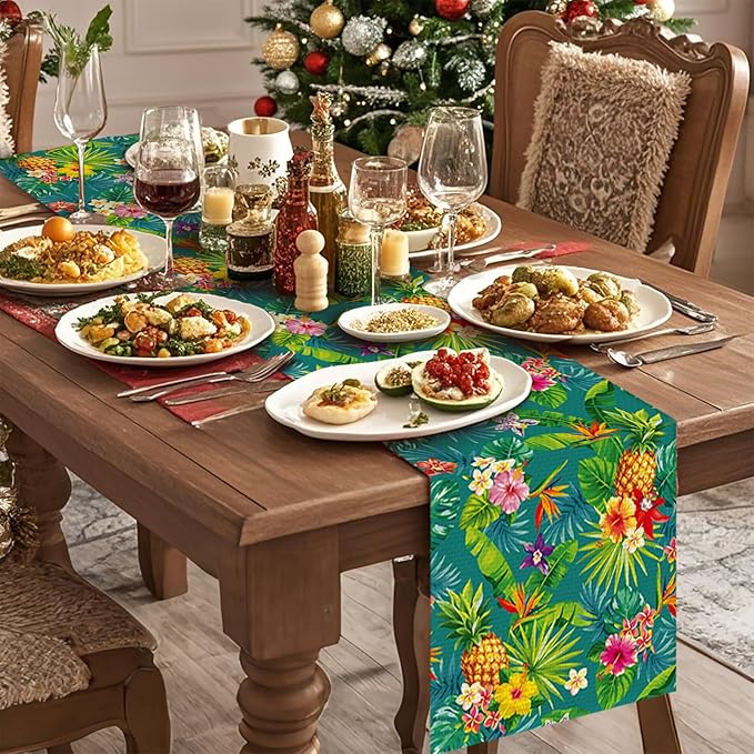Tropical Pineapple Table Runner Burlap Kitchen Dining Linen Table Decoration for Indoor Outdoor Home Party Dinner 13x72 Inch